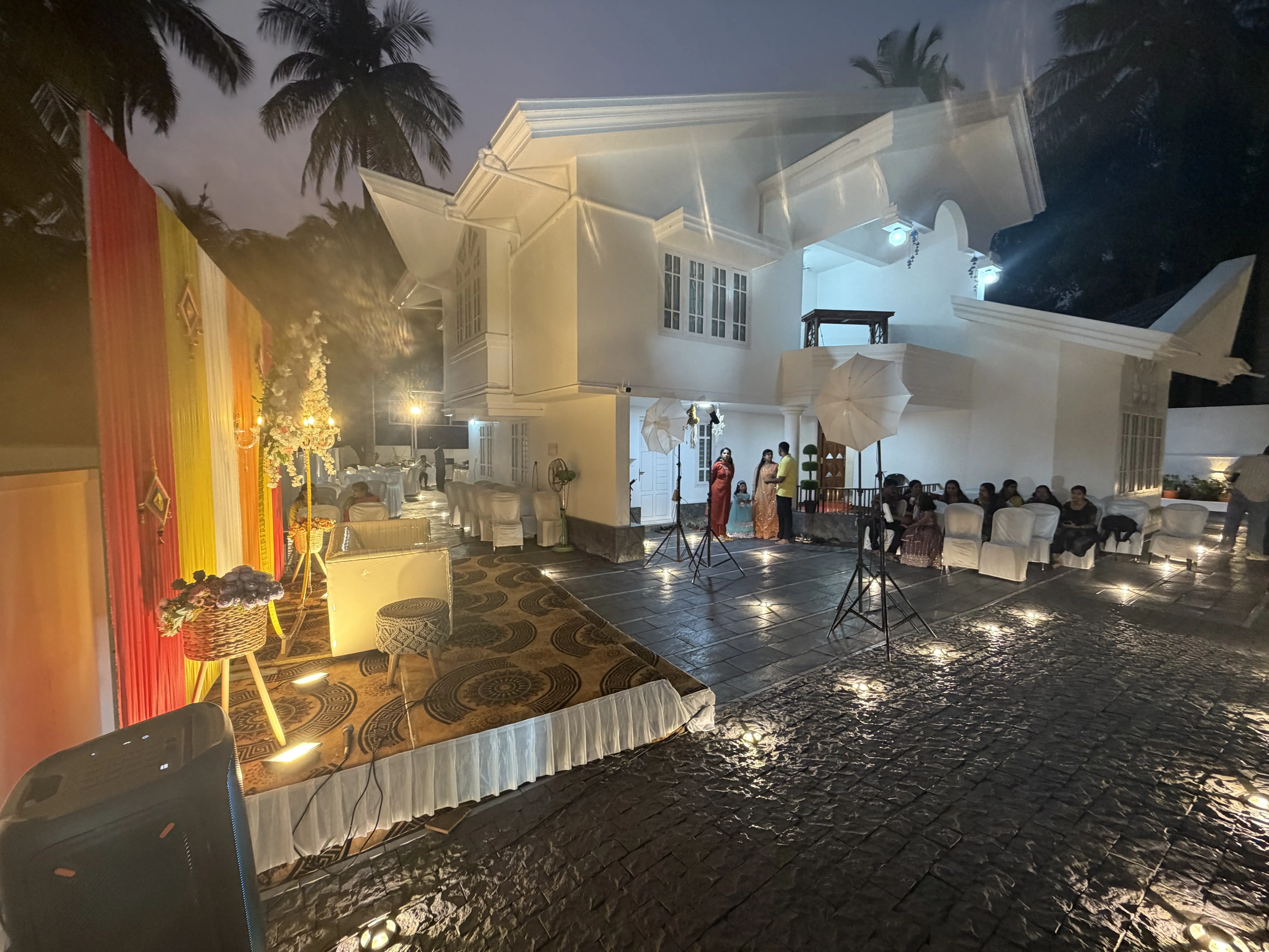 Bloom Fort Villa decorated and lit for an evening event